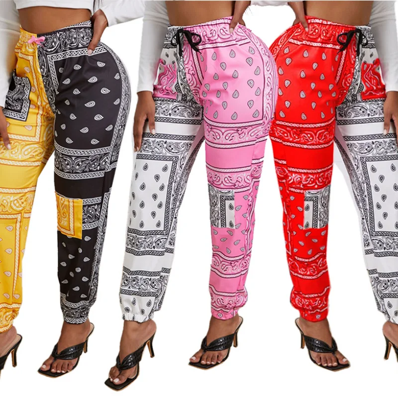 

WeiYao Sportwear Women Bandanna Paisley Print Jogger Pants Activewear Fashion Patchwork Trousers Draped Jogger Pants Sweatpants