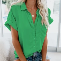 summer shirt women blouses casual short sleeve tops office ladies button up shirts turn down collar solid color top blusas mujer