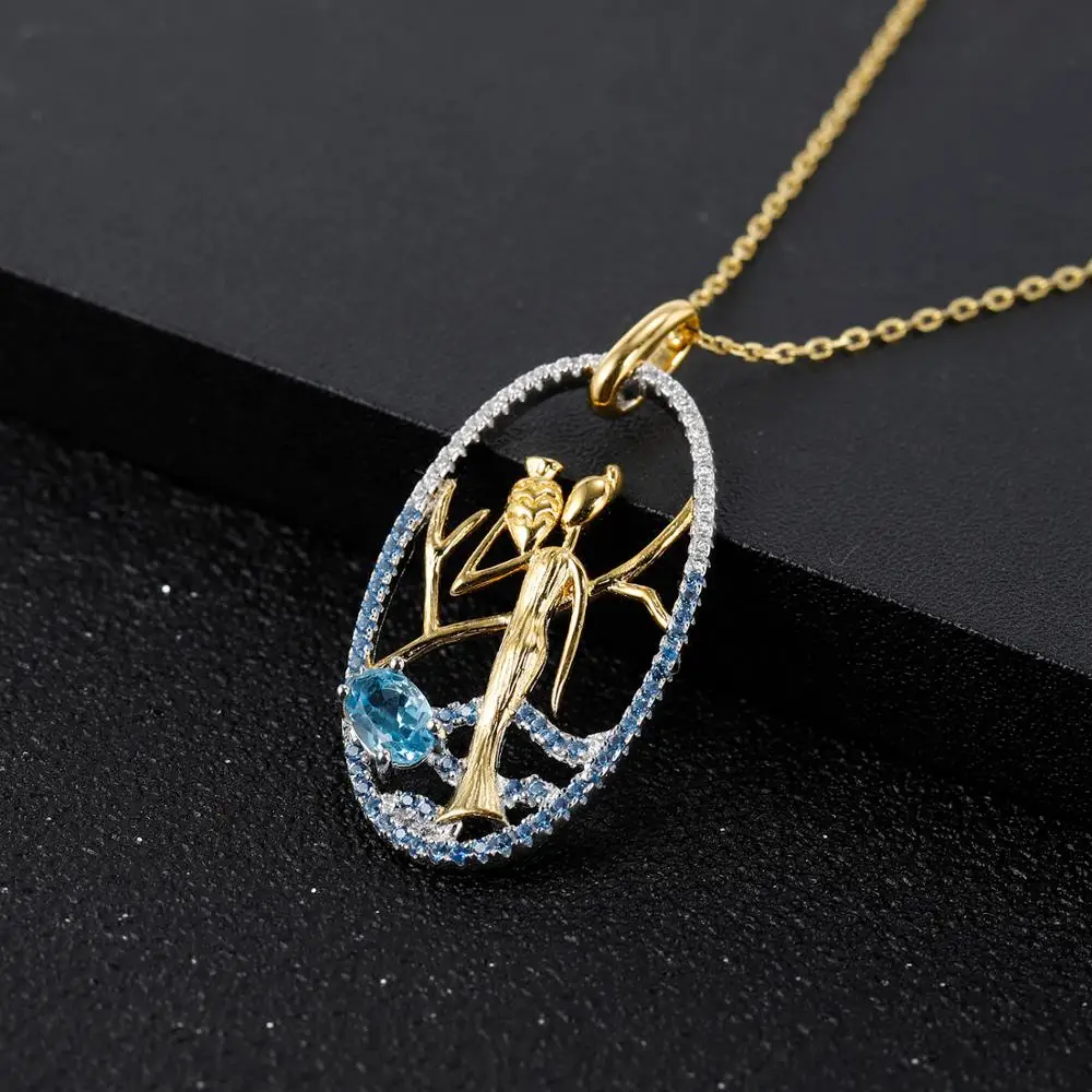 GEM'S BALLET 0.57Ct Natural Swiss Blue Topaz 925 Sterling Silver Golden Woman Fetch Water Pendant Necklace For Women Jewelry | Украшения