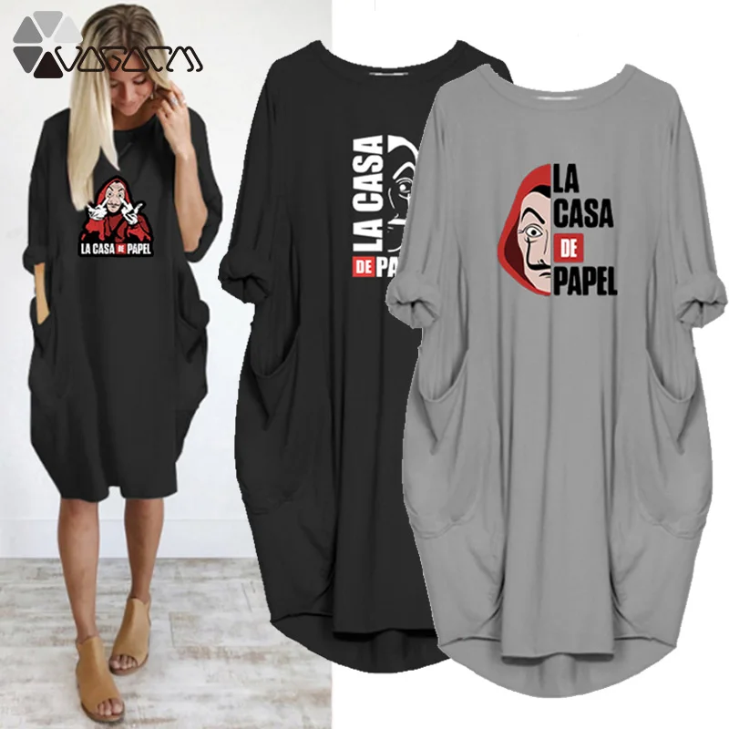 

New Money Heist Harajuku Dress Women La Casa De Papel Hip Hop Plus Size Dresses Fashion House of Paper Fashion Robes Pocket