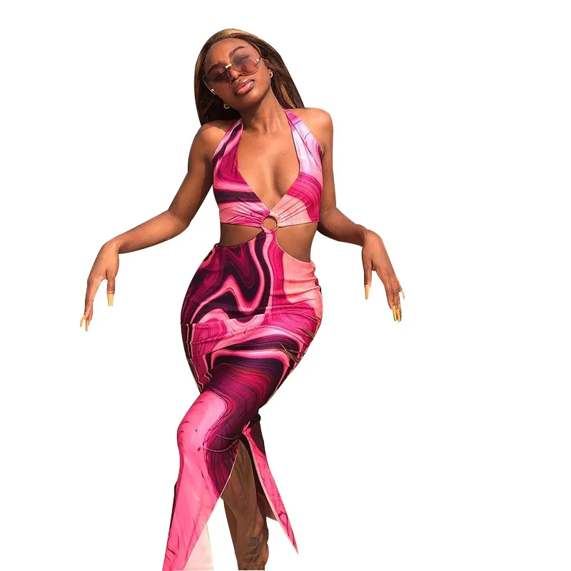 

Covered Women Summer Swimsuit Tunic Cover Up Wear 2021 New Necktie Cut Sexy Backless Slim Dress Print Polyester Beachwear For