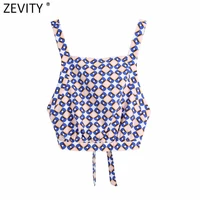 zevity women vintage geometric print short sling shirt ladies sexy backless bow tied blouse roupas chic crop blusas tops ls9393