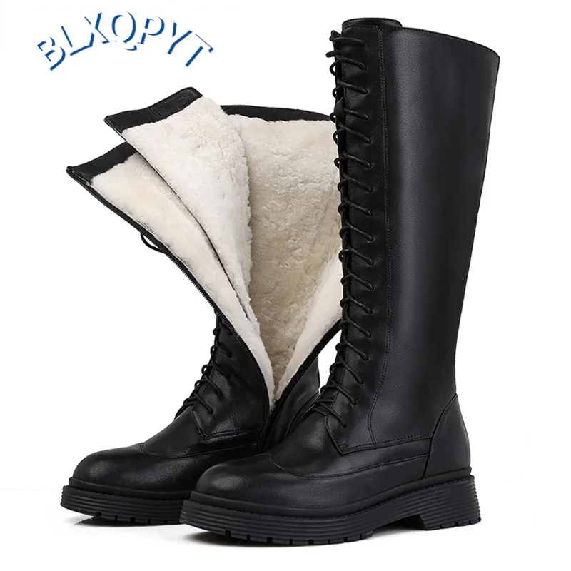 

BLXQPYT 2021 New Genuine leather boots women shoes lace up warm winter boots nature sheep wool mid calf boots ladies botas