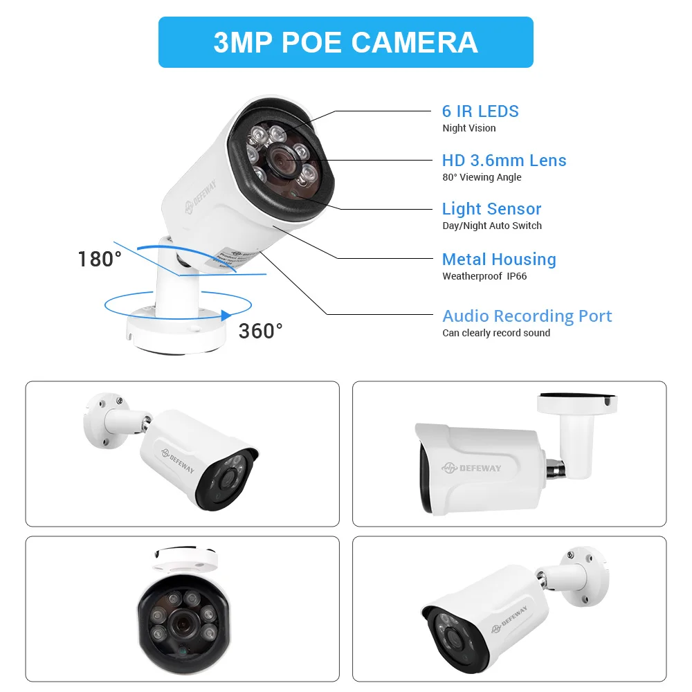 H.265 + 3.0MP POE IP Камера IP66 Водонепроницаемый Ночное видение аудио запись камера