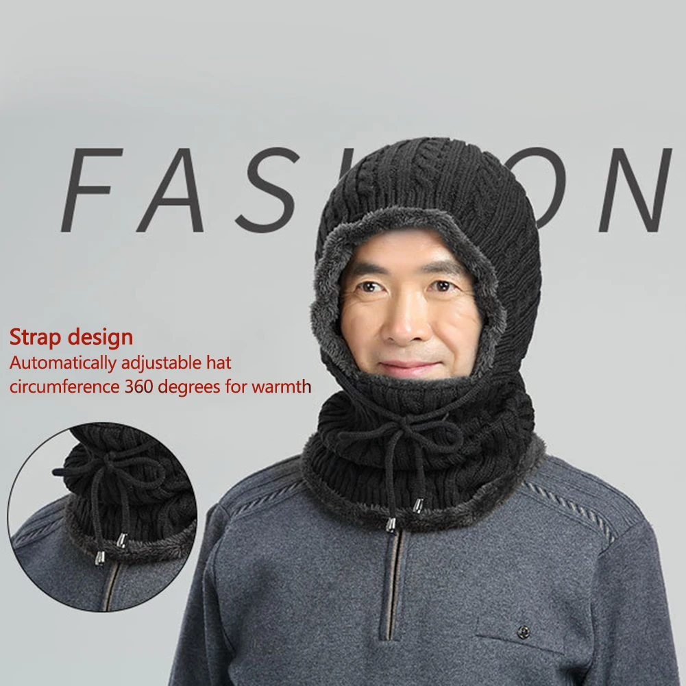 

Winter Thermal Knitted Neck Warmer Hat Scarf Men Thickened Windproof Outdoor Sports Ski Running Cycling Warm Fleece Hooded Cap