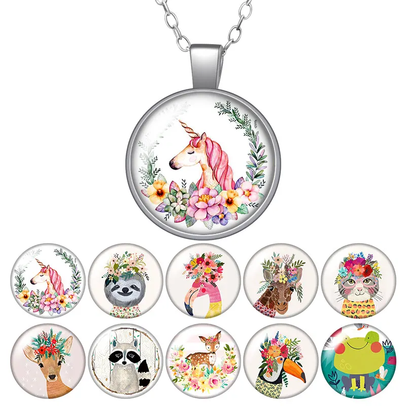 

Ожерелье с круглой подвеской в виде животных, мультфильмов, единорога, фламинго, кошек, стеклянный кабошон 25 мм, серебряный цвет, ювелирные и...
