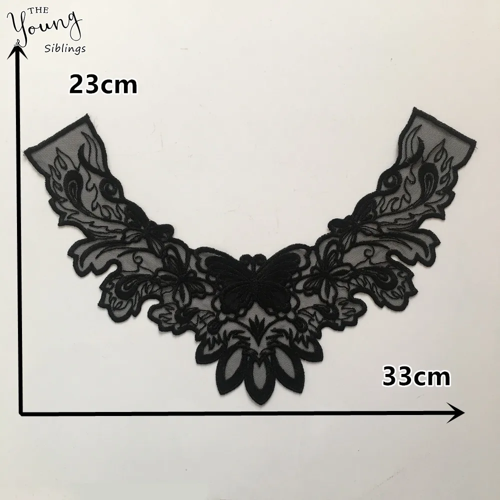 Черная органза высокого качества кружевной воротник вышивка аппликация бабочка