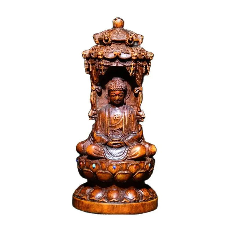 

Chinese boxwood precision inlaid gemstones three holy buddhas