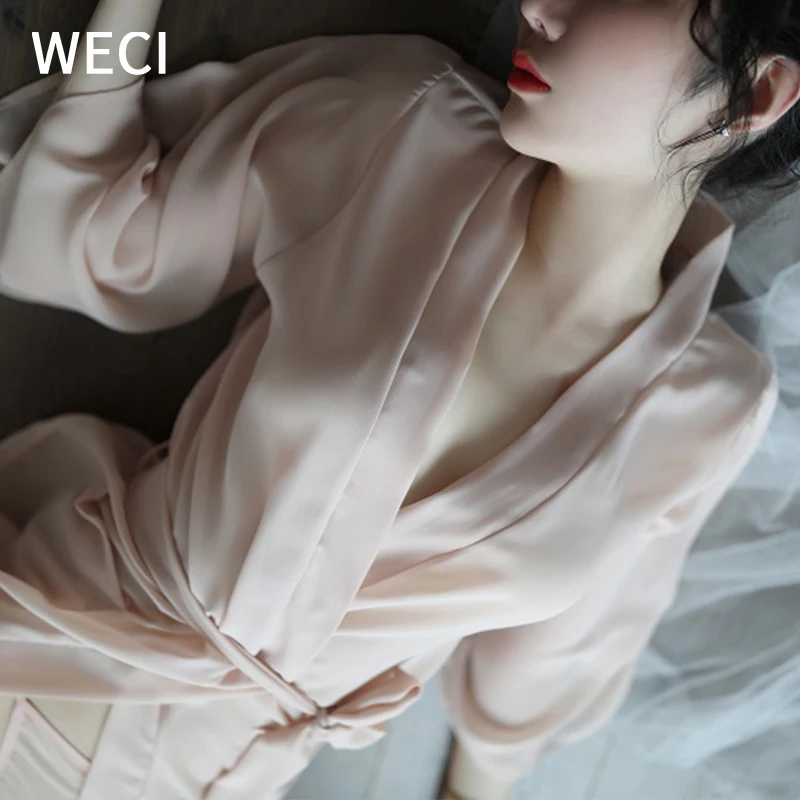 

WECI Ladies Chiffon Sleep Wear Female Roomware Satin Conjoined Pajamas Women Silk Bathrobes Dressing Gown Bridal Wedding Nighty