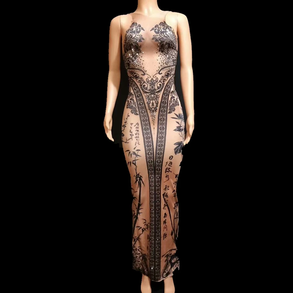 Женское длинное платье с принтом бамбука блестящее прозрачное сценическое