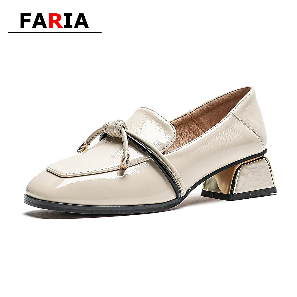 Женские туфли без шнуровки белые классические на среднем квадратном каблуке