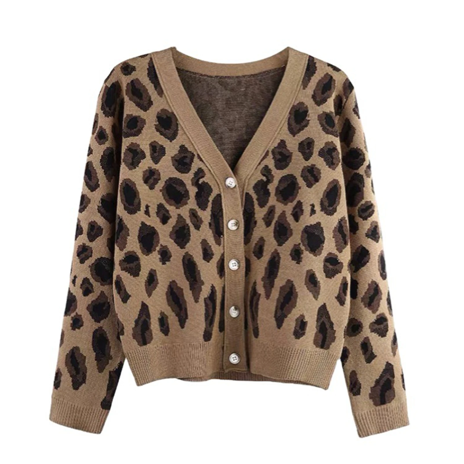 

2021 Women's Button Down Sweater, Casual Long Sleeve V Neck Leopard Print Loose Knit Cardigan