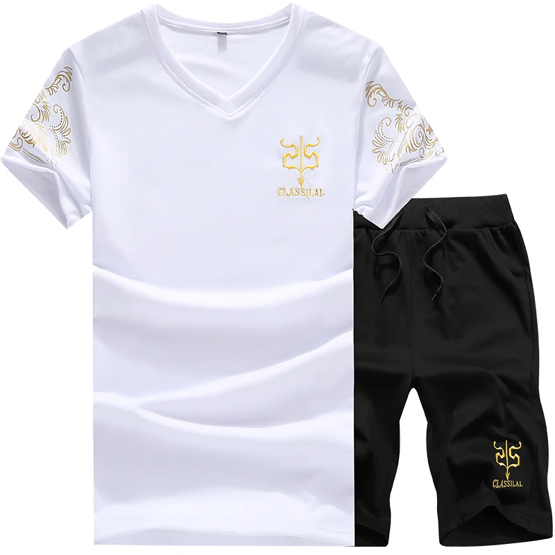 

Summer new men's V-neck embroidery T-shirt set boutique solid color casual shorts suit large size fashion casual sports suit men
