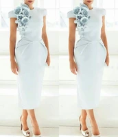 new arrival cap sleeves tea length light blue women dress with flowers short sleeves formal mother evening dress 2020 prom party