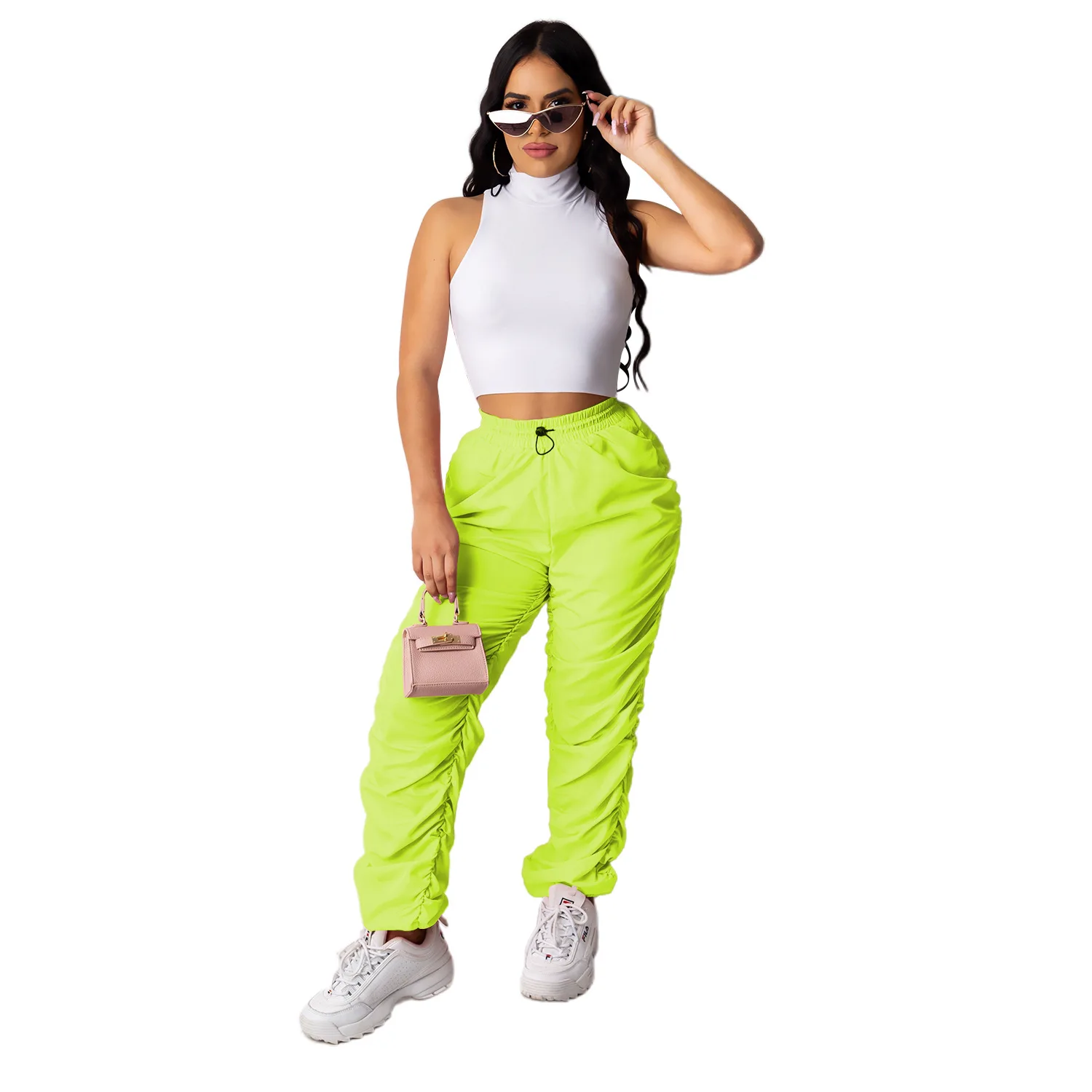 

Zoctuo 2020 Mid Waist Casual Leggings Women Pleated Legging Fashion Solid Color Loose 90DegreesLeggingsfor Women Pants