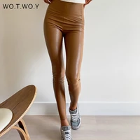 wotwoy fleece high waist skinny leather pants women autumn winter warm pu leather leggings women elastic pencil trousers female
