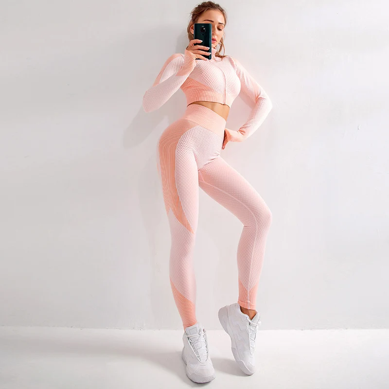 

Women Long Sleeve Yoga Set Patchwork Gym Clothing Zippered Workout Fitness Crop Top+High Waist Seamless Leggings 2Pcs Sport Suit