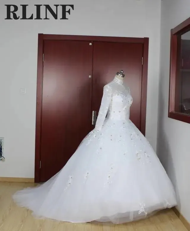 

Custom Bride Gowns White Sheer Lace Long Sleeves High Neck Ball Gowns Wedding Dress