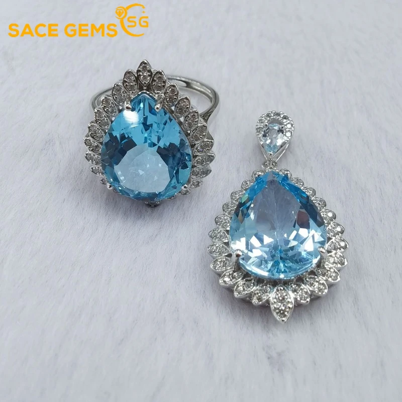 

SACE GEMS Luxury Glitter 925 Sterling Silver 12*16MM Sky Blue Topaz Rings Pendant Wedding Engagement Fine Jewelry Set Gift