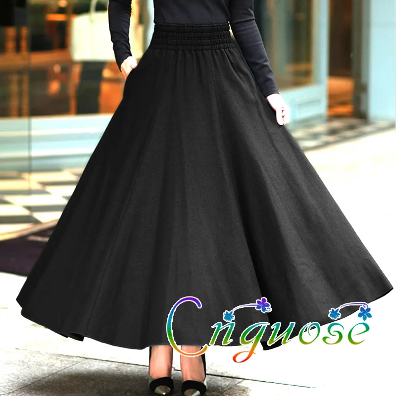 

2020 Female High Waist Big Hem Plus Size Casual Retro Vintage Black 50% Wool Woolen A-line Woman Skirts Ladies Skirt Womens