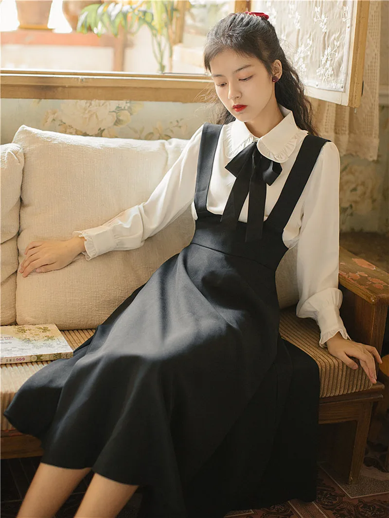 

Japan Preppy Style Women 2 Piece Set Vintage Peter Pan Collar Ribbon White Shirt Tops & Black Maxi Dress Modern Elegant Outfits