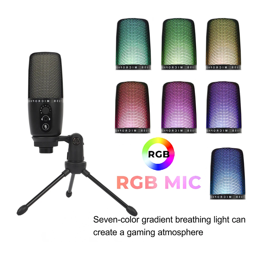 

RGB конденсаторный микрофон USB красочные огни шумоподавление микрофоны подходит для телефона компьютера live K Song игровой черный