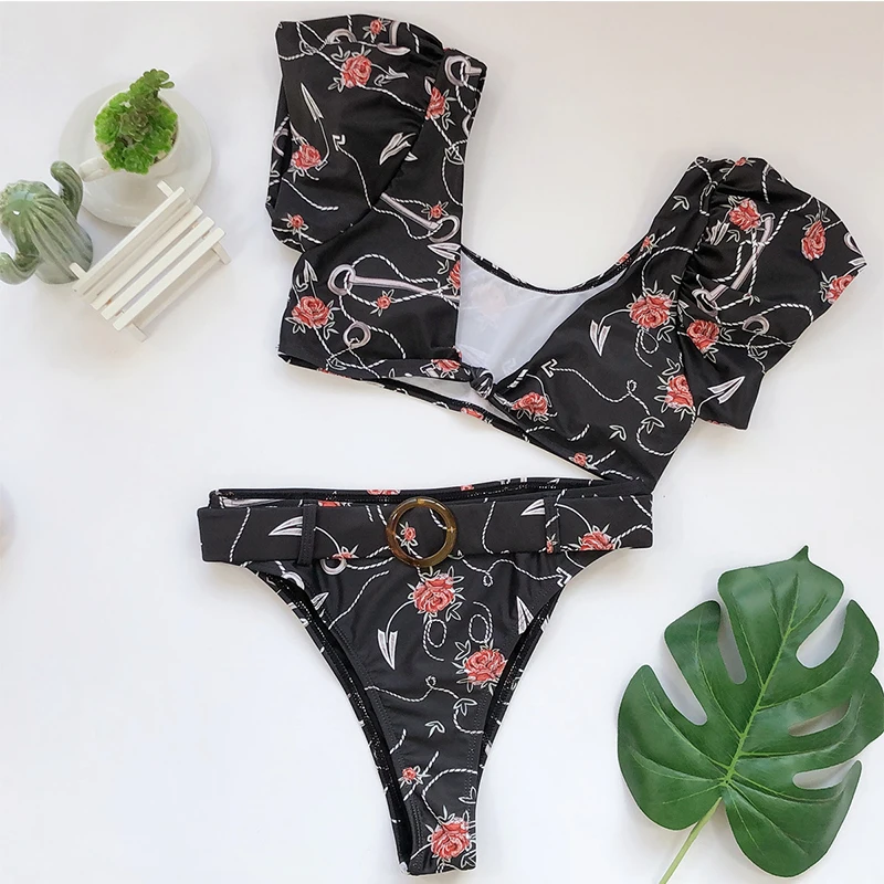 In-X Peacock print sexy bikini Short sleeve swimsuit female V neck swimwear women High waist bikini set Summer bathing suit