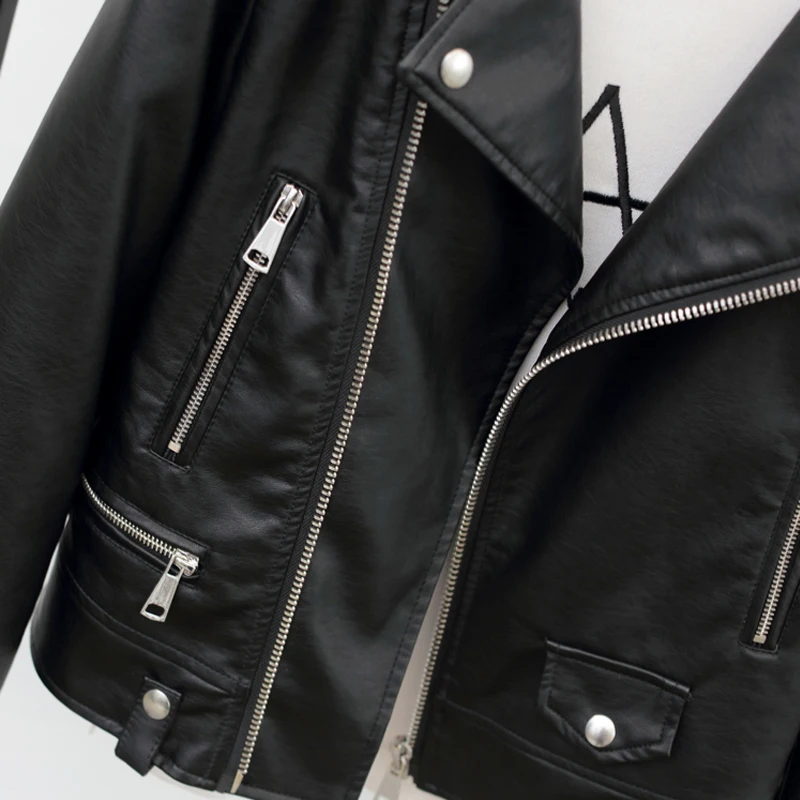 

Top Quality New Autumn Women's Leather Jacket Slim Female Faux Leather Motorcycle Jacket Black Coat Long Sleeve Basic Streetwear