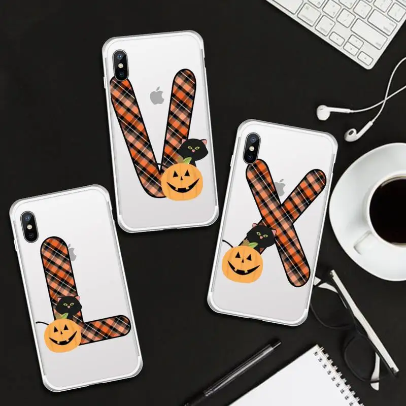 

Plaid striped alphabet pumpkin cat Phone Case Transparent for iPhone 6 7 8 11 12 s mini pro X XS XR MAX Plus cover funda shell