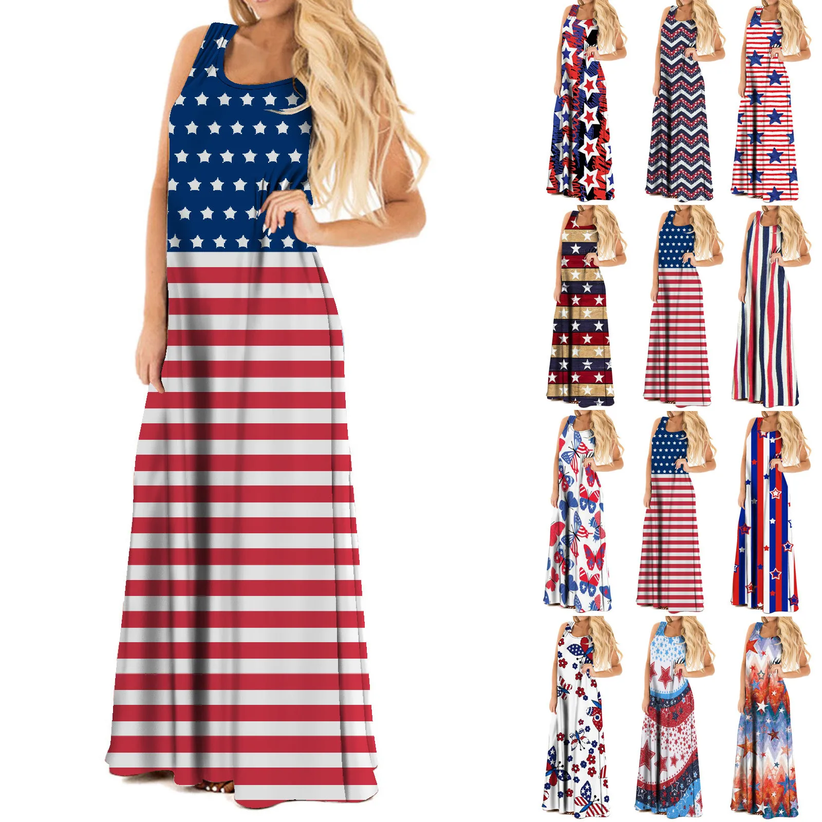 

Women's Fashion Round-Neck Independence Day Festival Printed Long Skirt Dress vestido de mujer summer dress