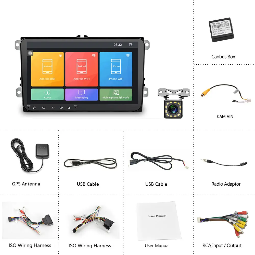 Camecho 2 Din Android 8,1 автомобильный Радио gps стерео MP5 плеер для Volkswagen Skoda Octavia Golf 5 6 touran passat B6 Jetta tiguan - Цвет: With 12 led camera