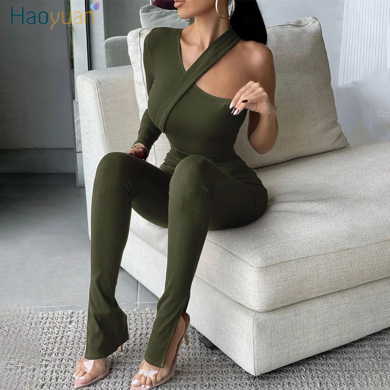 

Сексуальный трикотажный комплект HAOYUAN из 2 предметов, спортивные костюмы для женщин, яркий женский боди, топ с разрезом и брюки, модные подхо...