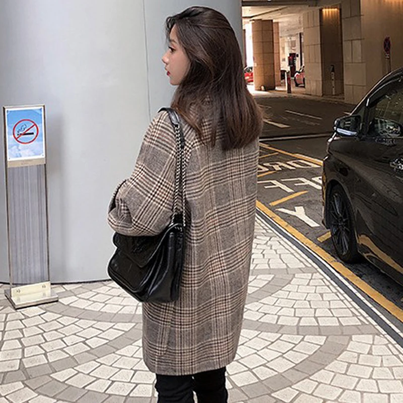 

2020 Plaid Thick Winter Coat Women Wool Blend Office Coats Fashion Double Breasted Warm Lady Jacket Long Sleeve Outwear Coat
