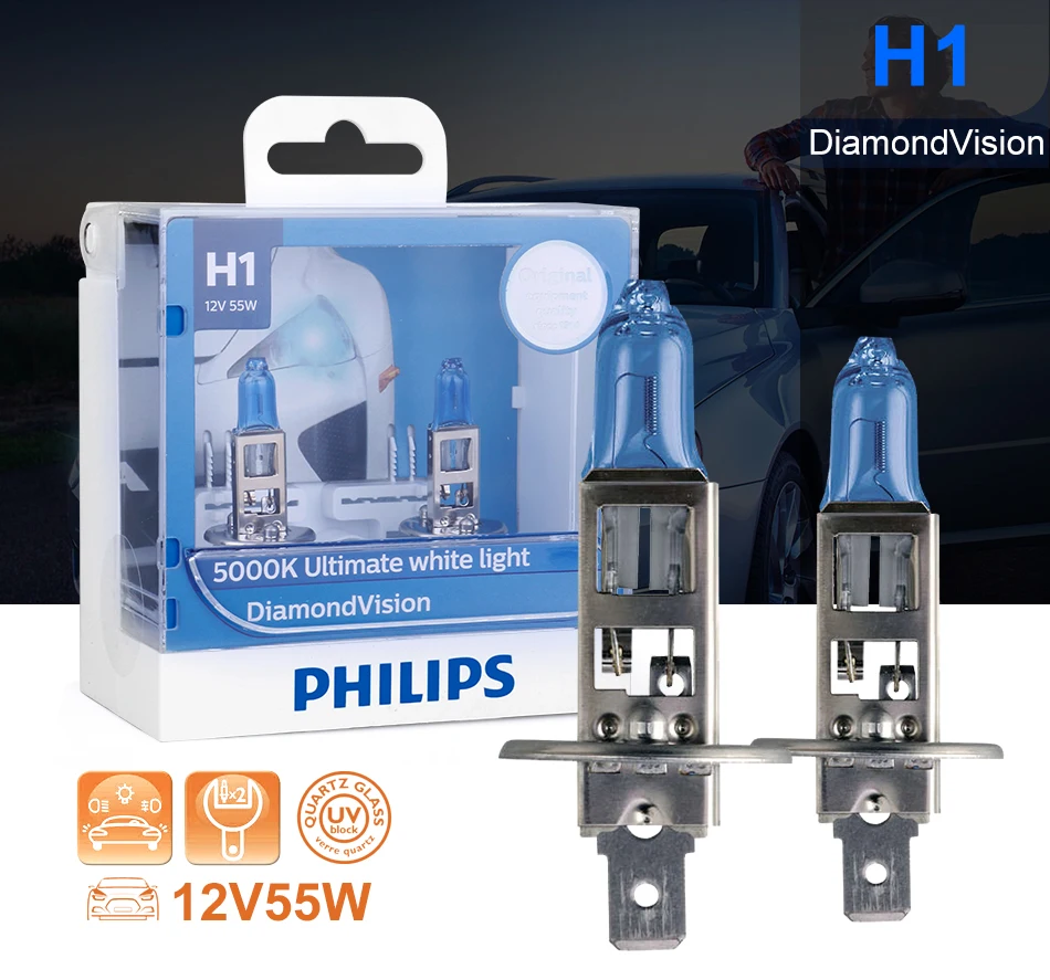 Philips h1 галогенный 55 Вт 12 В Diamond Vision 5000K Ultimate белый светильник Авто Лампа H1 головной светильник оригинальные аксессуары для автомобиля 2 шт