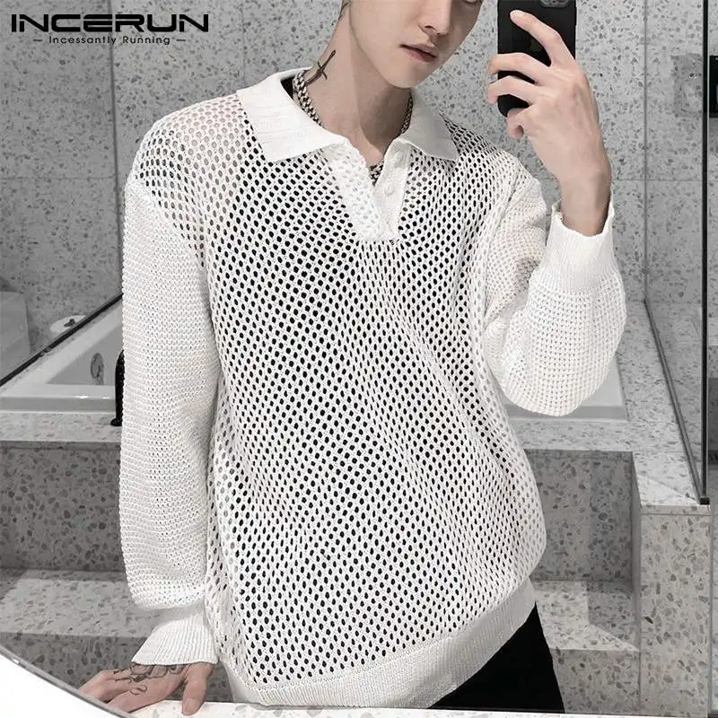 

Топы INCERUN 2021, модная повседневная Стильная мужская блузка, дышащая сетчатая вязаная рубашка с полым воротником, стильная Базовая рубашка с д...