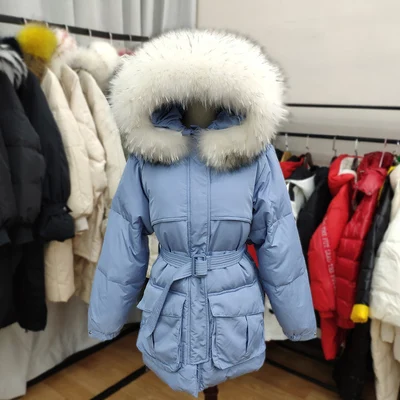 blue (beige fur) White Down Coat Winter Woman Fashion New Hooded Fur Collar Warm Thicken Cotton Clothing Casual Parkas Belt Overcoat f1401 - Цвет: blue (beige fur)