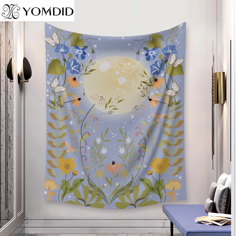 

Moon Starry Tapestry Blooming Flowers and Full Moon Wall Hanging Tapestries Dorm Room Ramadan Art Wedding Home Decoration