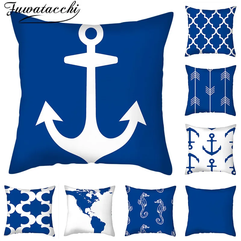 

Fuwatacchi Blue Anchor Geometric Pattern Cushion Cover Marine Animal Painted Pillow Covers for Home Sofa Decorative Pillowcases