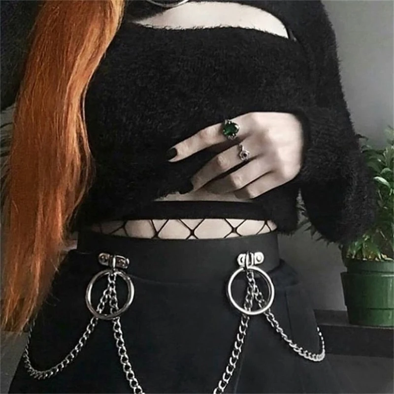 Punk Style Women Black Leather Belt with Iron Chain Dark Streetwear Gothic Waist Belt Pants Dress Metal Chain