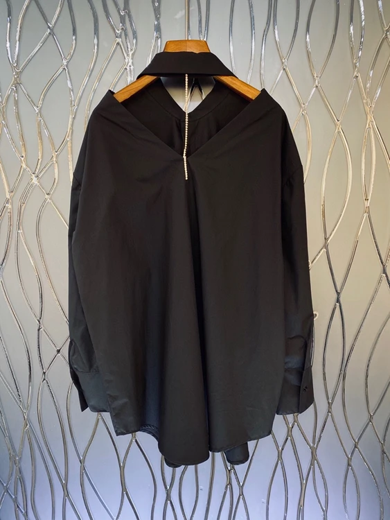 

2020 Fall/Winter New Fashion Women's Lapel Back V-back Solid Color Bowknot Long Sleeve Loose Shirt 1220