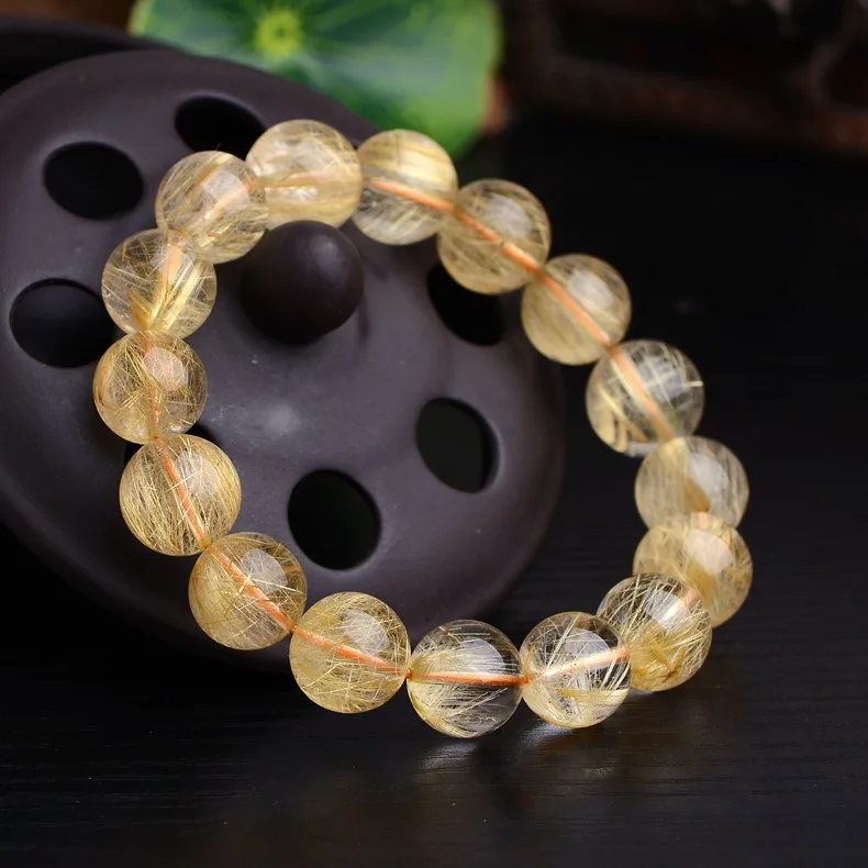 

Natural Gold Rutilated Quartz Bracelet Brazil Clear Round Beads 12mm 7mm 8mm 9mm 10mm 11mm Women Men Size Wealthy AAAAAAA