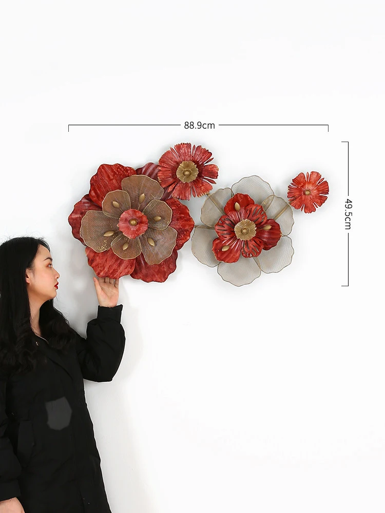 

European Wrought Iron Wall Hanging Red Flower 3D Restaurant Hotel Wall Sticker Crafts Home Living room Wall Mural Decoration Art