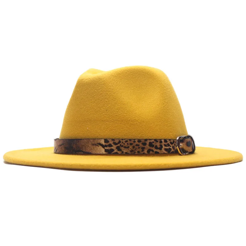 

Women Men Wool Vintage Gangster Trilby Felt Fedora Hat Leopard Grain Belt Lady Church Panama Winter Autumn Wide Brim Jazz Cap