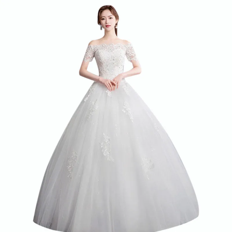 

Wedding Dress White It's Yiiya AR672 Off Shoulder Short Sleeve Long Vestidos De Novia Boat Neck Lace Wedding Dress Bridal Gowns