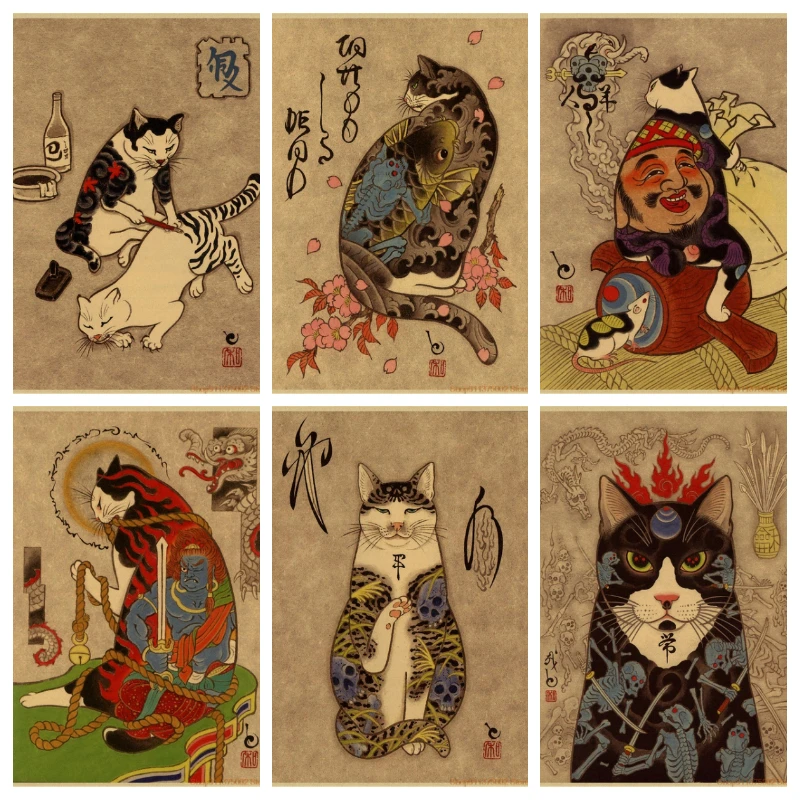 

Vintage Poster Canvas Painting Japan Samurai Cat Tattoo Wall Art Canvas Wall Poster Kids Room Decor Picture Aesthetic Home Decor