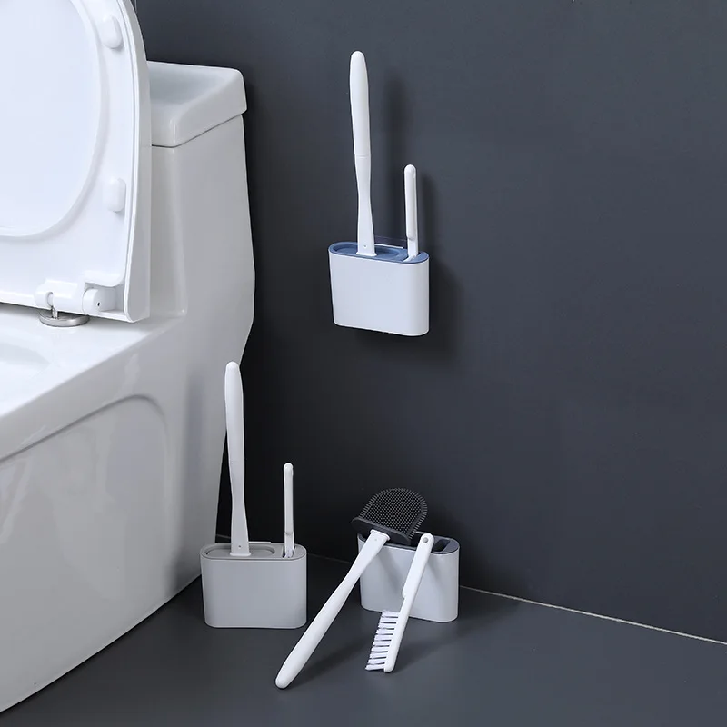 

Bristle toilet brush and holder for bathroom storage and organization. Compact wall-mounted cleaning kit WC accessories
