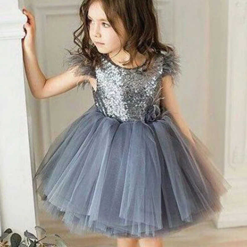 Children Princess Clothes Toddler Party Dress Sleeveless Feather Sleeve Sequin Decoration Kids | Детская одежда и обувь