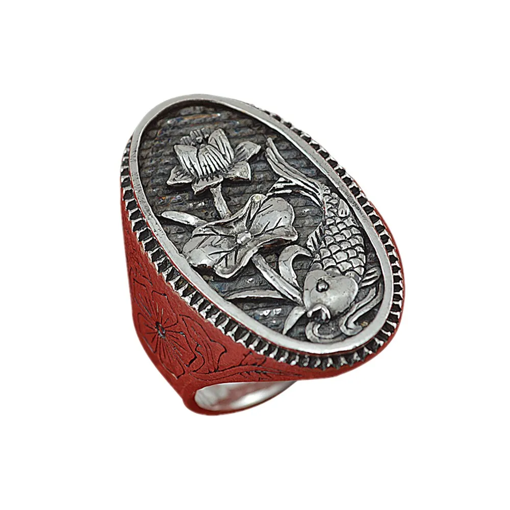 Кольцо из серебра 999 пробы с рисунком лотоса и рыбы | Украшения аксессуары