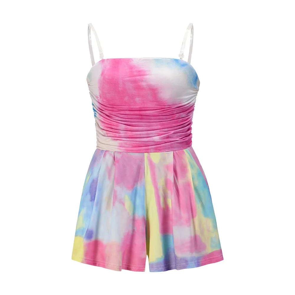 

Hollow Tie-Dye Summer 2021 Tube Top Jumpsuit Backless Beach Wear Print Sexy Women Ruffles Multi Sleeveless Rompers Lady Playsuit