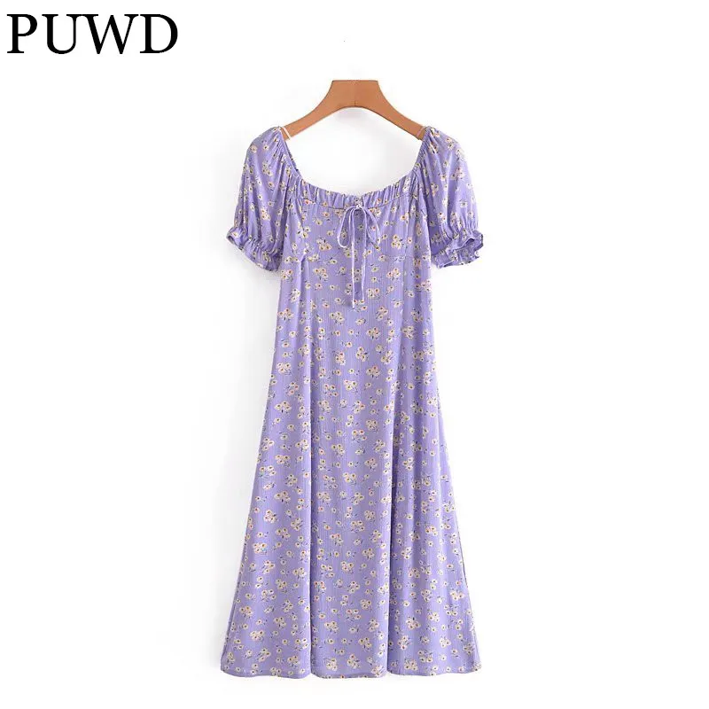 

Элегантное женское платье-миди PUWD, Фиолетовое Женское платье с коротким рукавом, весна 2021, модные женские шикарные платья во французском ст...